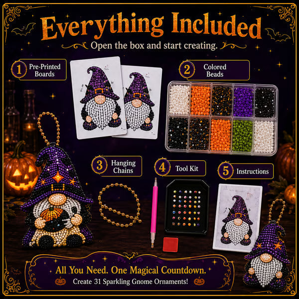 Finished Halloween gnome ornaments displayed as seasonal decor