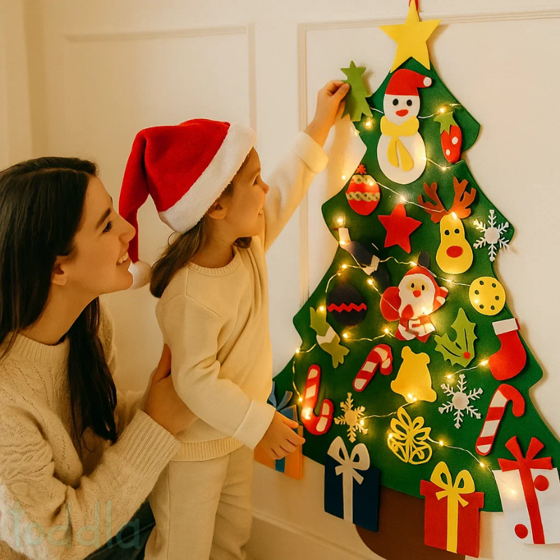 Child decorating a soft felt Christmas tree