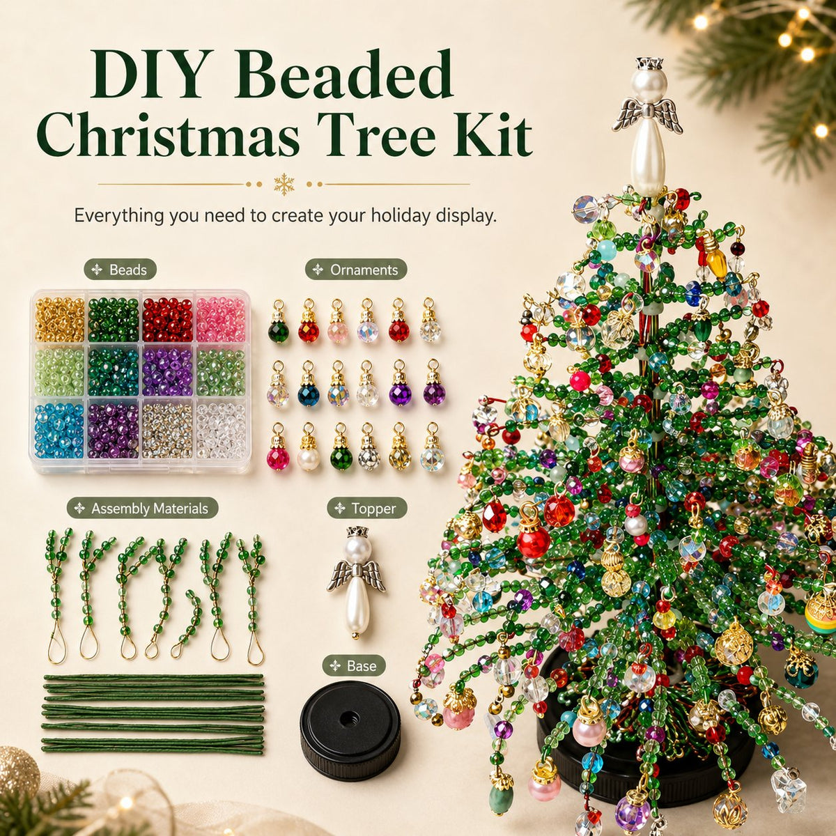 DIY beaded Christmas tree kit with decorative beads and ornaments
