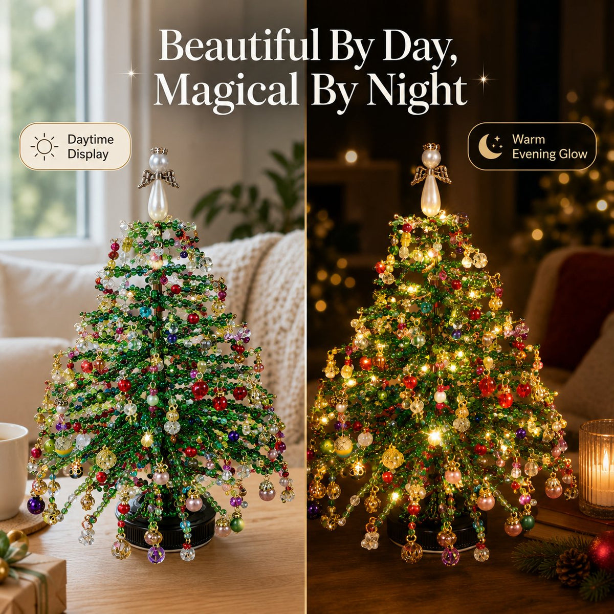 Finished DIY beaded Christmas tree displayed as holiday decor