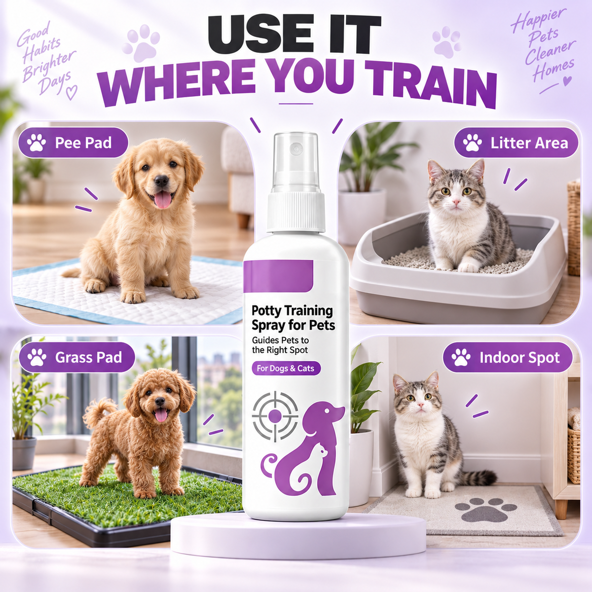 Pet potty training spray for pee pads grass and designated toilet areas
